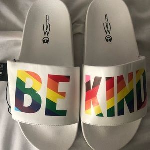 Unworn MAH pride Be Kind pool slip ons